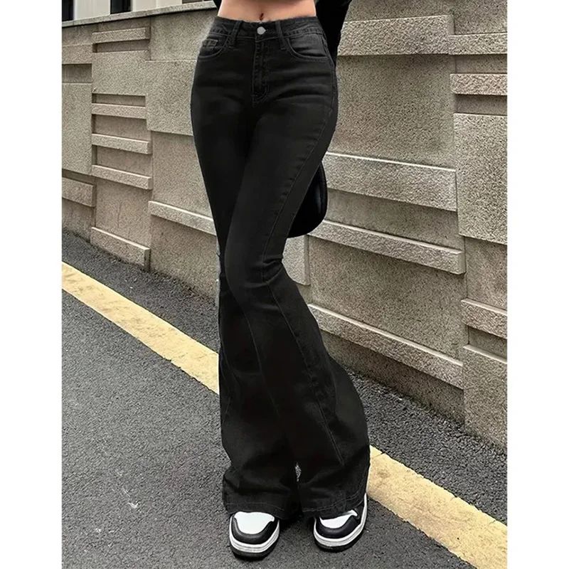 2025 Girls Concise Ins High Waist Flared Jeans Female Stretchy Bootcut Denim Pants Women Solid Color Thin Bell Bottoms Trousers