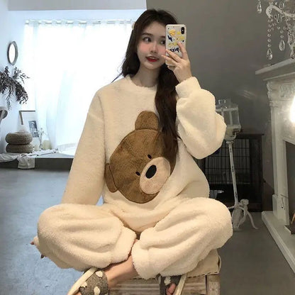 Thickened Warm Women Winter Two Pieces Set Flannel Homewear Pajamas O-Neck Loose Cute Cartoon Bear Ladies Sleepwear Loungewear
