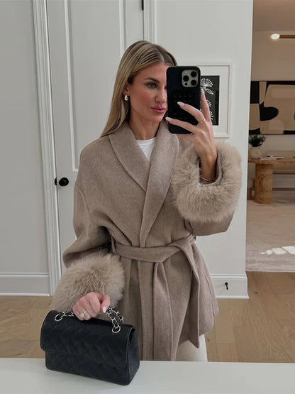 2025 Chic Lapel Plush Coat With Belt Women Vintage Solid Faux Fur Sleeve Tweed Open Coats Female Autumn Casual Street Outwear
