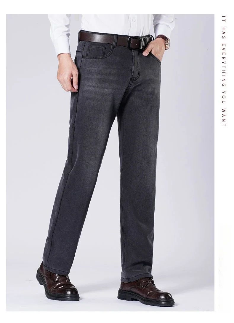 Men's Fleece Straight Leg Jeans Winter Thick Warm Business Casual Velvet Pants Elastic Loose Trousers Outdoorwear