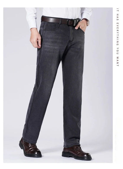 Men's Fleece Straight Leg Jeans Winter Thick Warm Business Casual Velvet Pants Elastic Loose Trousers Outdoorwear