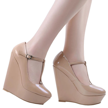 Women Pumps 2025 New Autumn Winter 14cm Round Toes Platform Wedge High Heels T-Strap Gladiator Ladies Dress Party Wedding Shoes