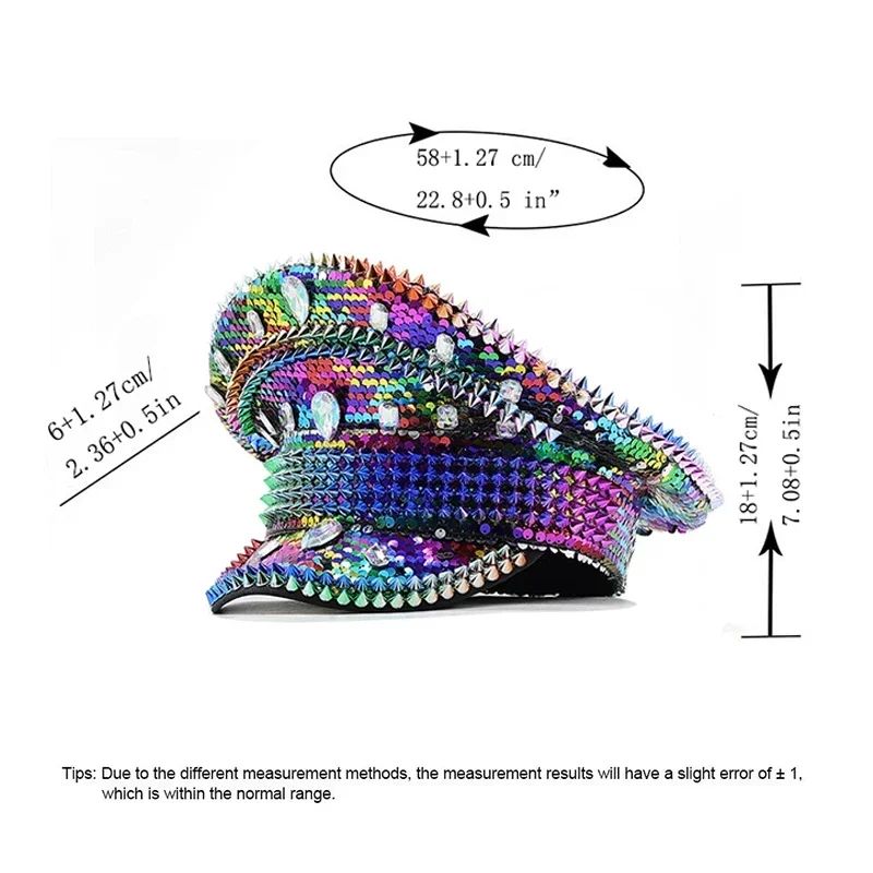 Chapéu de Capitão Chapéu Punk de Lantejoulas Coloridas com Strass para Festa Festival Aniversário Casamento Chapéu de Noiva Chapéu de Palco para Mulheres e Homens
