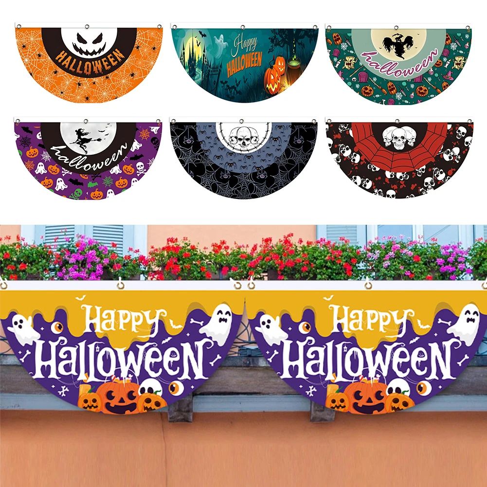 Halloween Fan Flag Spooky Halloween Bunting Flag Set for Outdoor Yard Decor Skull Ghost Pumpkin Banner for Porch Fence Kitchen