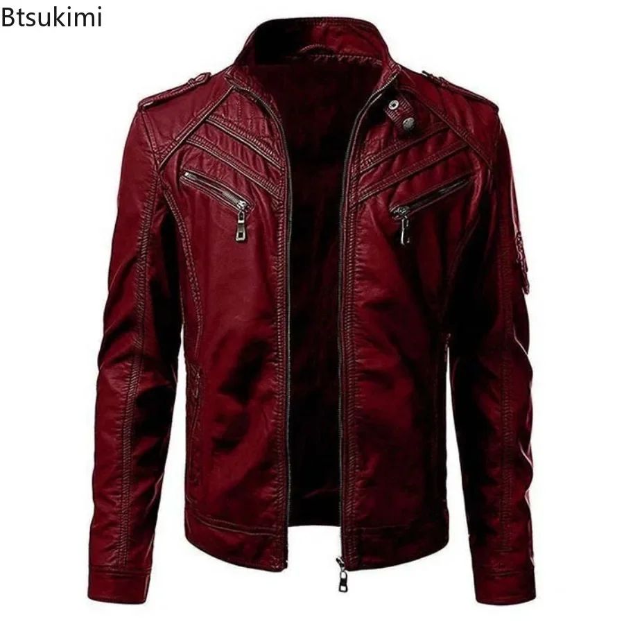New 2025 Spring Autumn Men's Leather Jackets Fashion Patchwork Stand Collar PU Leather Coats Handsome Motorcycle Jackets for Men