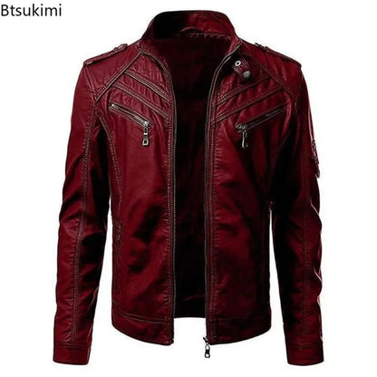 New 2025 Spring Autumn Men's Leather Jackets Fashion Patchwork Stand Collar PU Leather Coats Handsome Motorcycle Jackets for Men