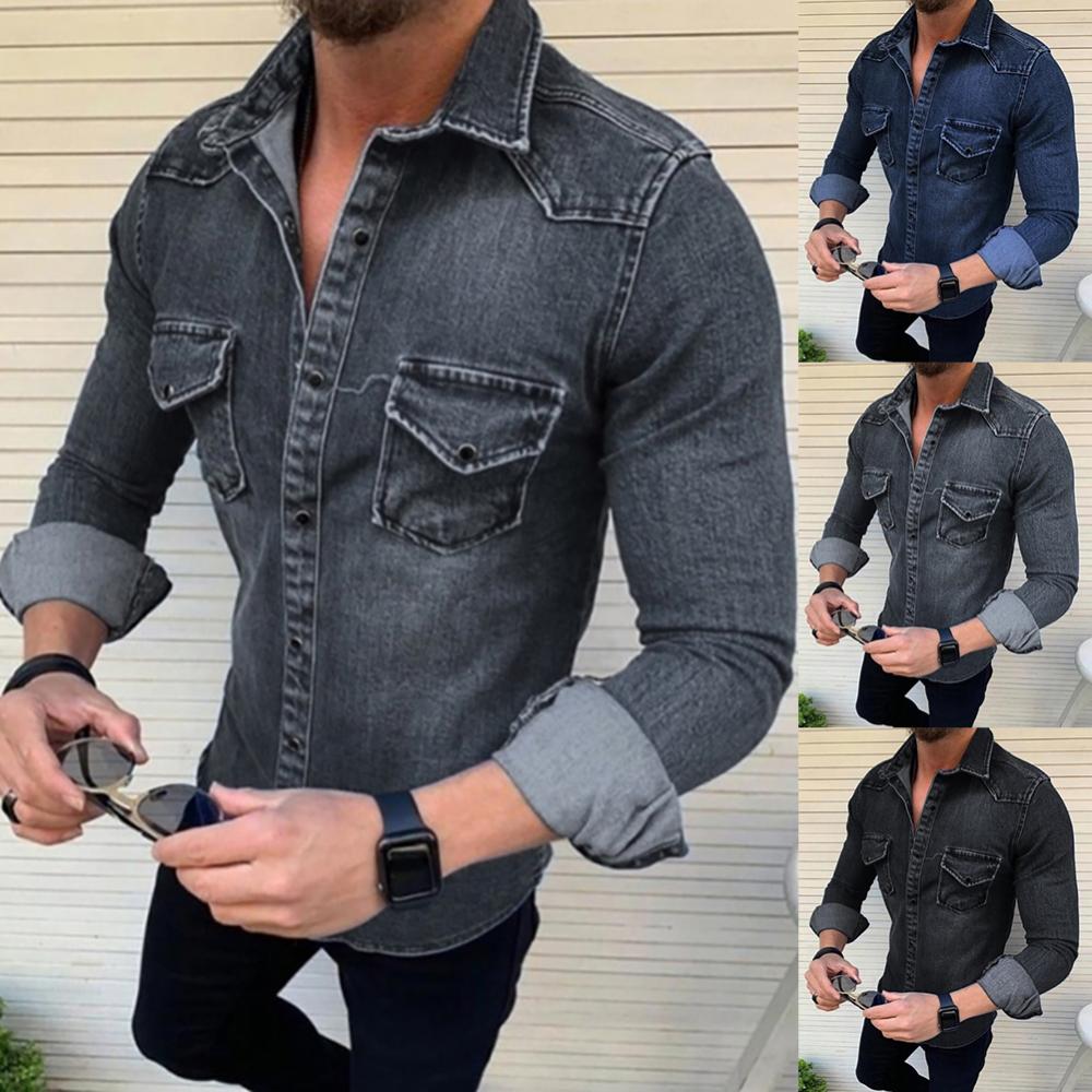 Spring Autumn Denim Shirts Men Top Long Sleeve Jeans Shirts for Men Single-breasted Casual Shirts chemise homme ??????? ???????