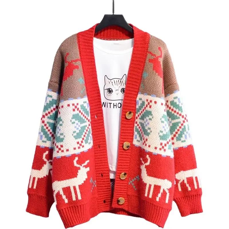 Knitted  Christmas Sweater Knit Sweaters For Men Cardigan Couple Vintage Sweater Cardigans Coat Y2K Jacket Men's Clothing