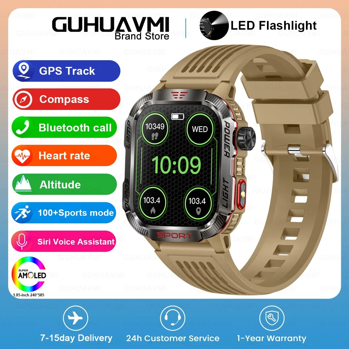 Novo relógio inteligente masculino para ambientes externos de 2,01 polegadas, à prova d'água 3ATM, bateria de 600mAh, bússola, lanterna LED, chamada Bluetooth, Smartwatch para Xiaomi