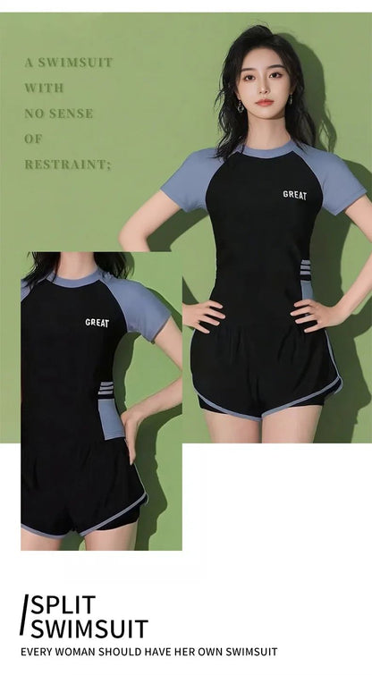 Sporty Two-Piece Swimsuit Short Sleeve plus Size Concealing Conservative Flat Footwear for Hot Springs Swimming Costume