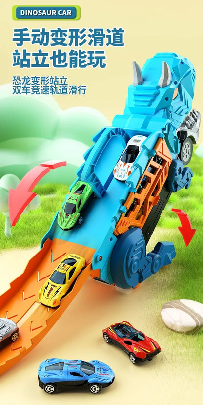 Brinquedo Dinossauro para Crianças Meninos de 3 a 5 Anos, Conjunto de Pista de Carros Caminhão Transportador de Dinossauros com Carrinhos Diecast que se Transformam em Dinossauros