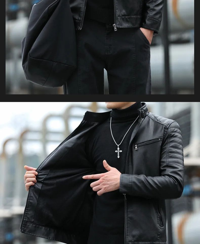 Men's Fleece Lined Biker Jacket Stand Collar Casual Versatile Spring Autumn Leather Coat for Students Fashionable Outerwear