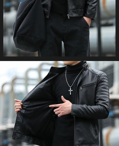 Men's Fleece Lined Biker Jacket Stand Collar Casual Versatile Spring Autumn Leather Coat for Students Fashionable Outerwear