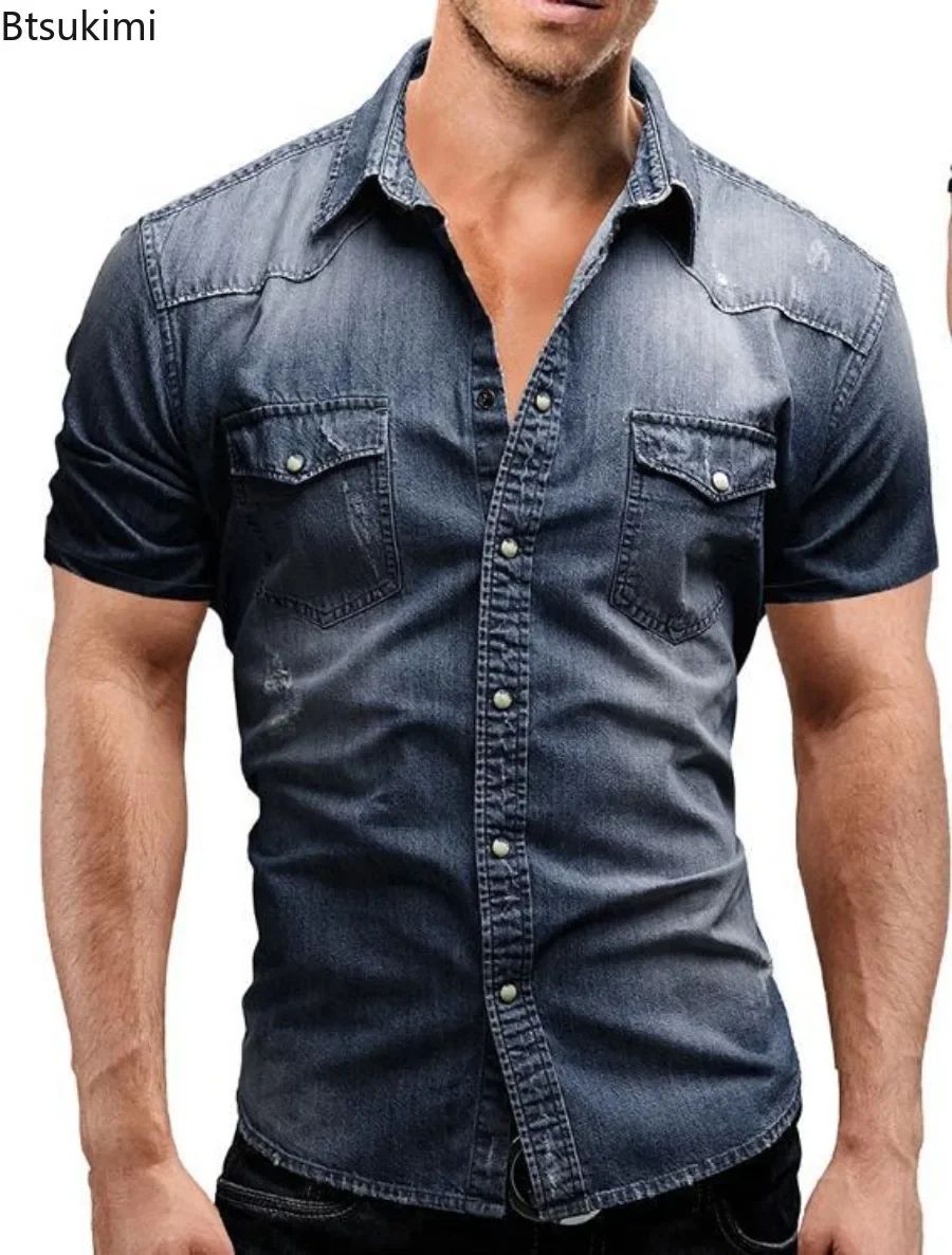 New 2025 Men's Denim Shirt Fashion Short Sleeve Soft Solid Slim Cowboy Tops Men Trend Streetwear Vintage Casual Cardigan T-shirt