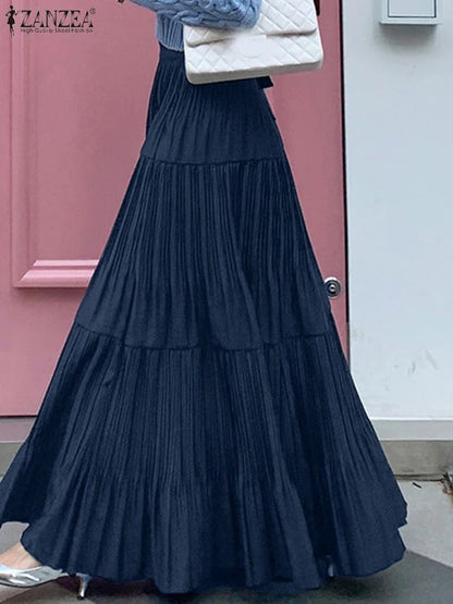 ZANZEA Plus Size 5XL Women Maxi Skirts 2025 Autumn Elastic Waist Pleated Long Skirt Casual Solid Color High Waist Ruffled Skirts