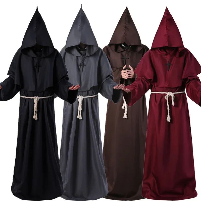 Retro Priest Robe Halloween Cosplay Costume Wizard Fancy Punk Cloak Mask Medieval Monk Robe Hooded Monk Cowl