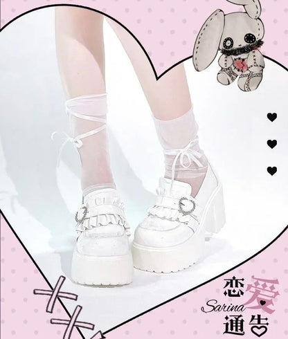 Sweet Heart-Shaped Buckle Lolita High Heels Pump Shoes for Women Y2k PU Leather Waterproof Platform Mary Janes Shoes