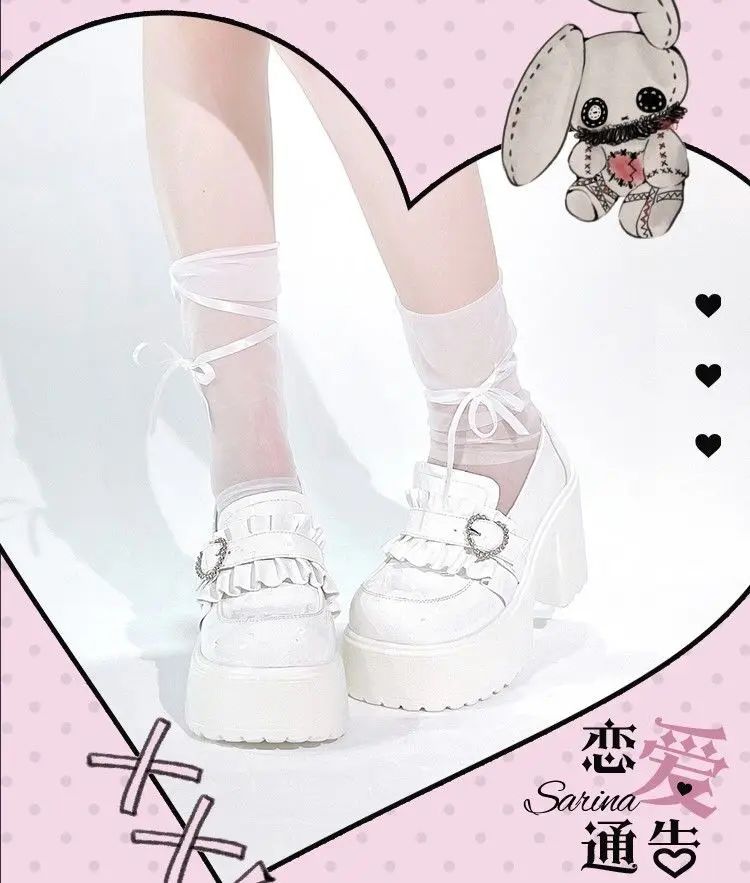 Sweet Heart-Shaped Buckle Lolita High Heels Pump Shoes for Women Y2k PU Leather Waterproof Platform Mary Janes Shoes