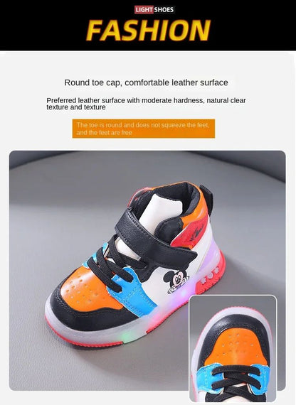 2024 Disney Children's Led Light Shoes Fashion Mickey Mouse Boys Sneakers Girls Cartton Casual Shoes Breathable Kids Sport Shoes