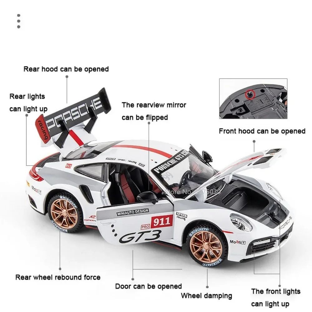 1:24 Alloy Porsche 911 GT3 RSR Sports Cars Diecast Miniature Models Toy with Sound Light Pull Back Vehicle Boys Collection Gifts