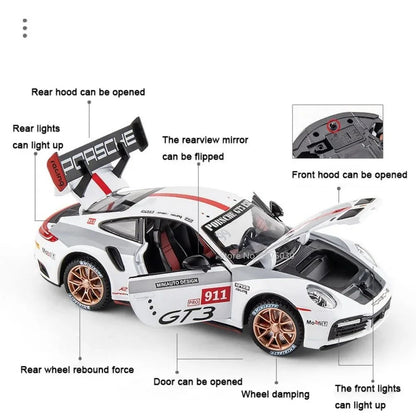 1:24 Alloy Porsche 911 GT3 RSR Sports Cars Diecast Miniature Models Toy with Sound Light Pull Back Vehicle Boys Collection Gifts