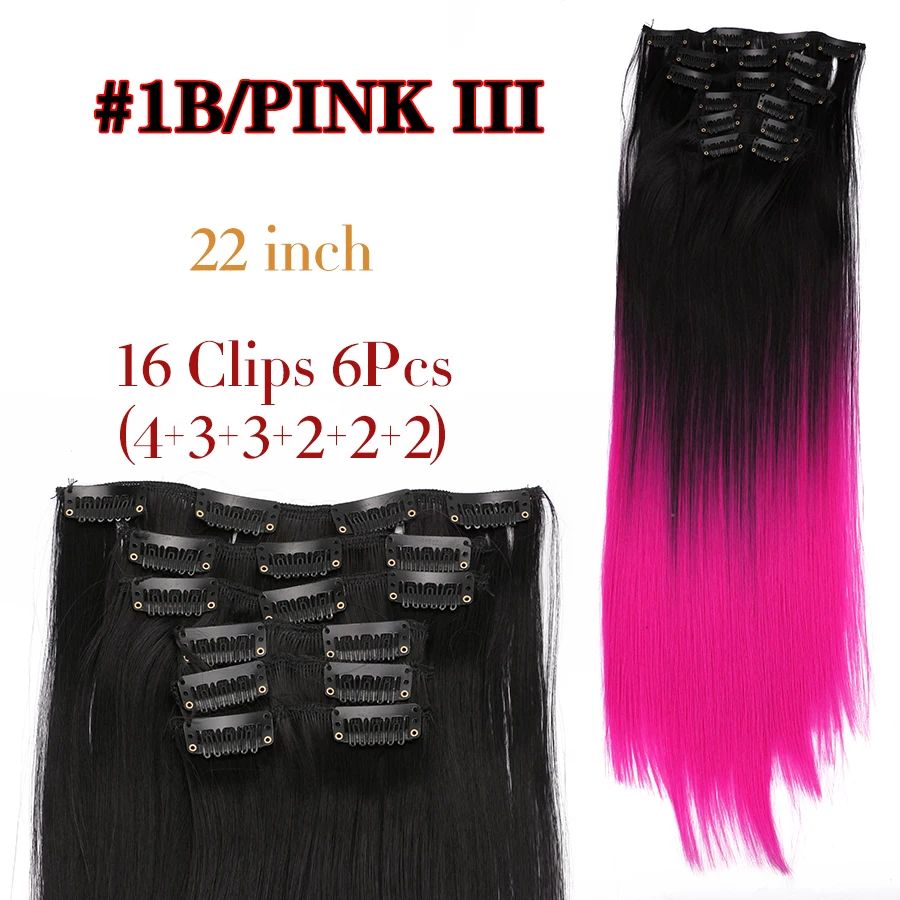 22 Polegadas Sintético Cabelo Liso Longo 16 Clipes 6 Peças/Conjunto Apliques de Cabelo Loiro Preto Resistente ao Calor Para Mulheres