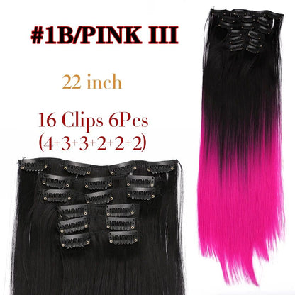 22 Polegadas Sintético Cabelo Liso Longo 16 Clipes 6 Peças/Conjunto Apliques de Cabelo Loiro Preto Resistente ao Calor Para Mulheres