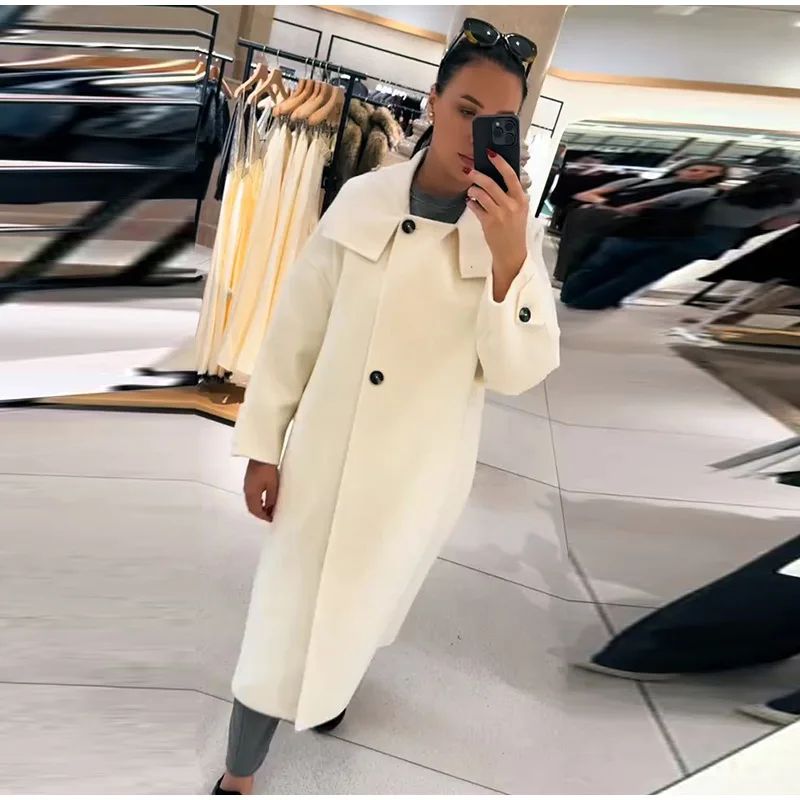 Stand Collar Single Breasted Split Long Coat Women Oversize Elegant Long Sleeve 2025 Autumn Female Outerwear Office Overcoat