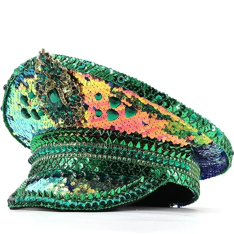Chapéu de Capitão Chapéu Punk de Lantejoulas Coloridas com Strass para Festa Festival Aniversário Casamento Chapéu de Noiva Chapéu de Palco para Mulheres e Homens