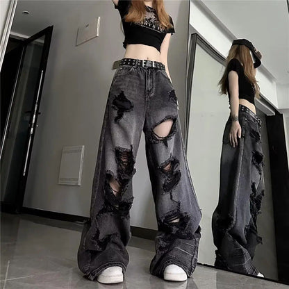 Unique Cool Ripped Jeans Women's Summer Distressed American Style Bell Bottoms Loose Fit Versatile Straight Leg Long Pants