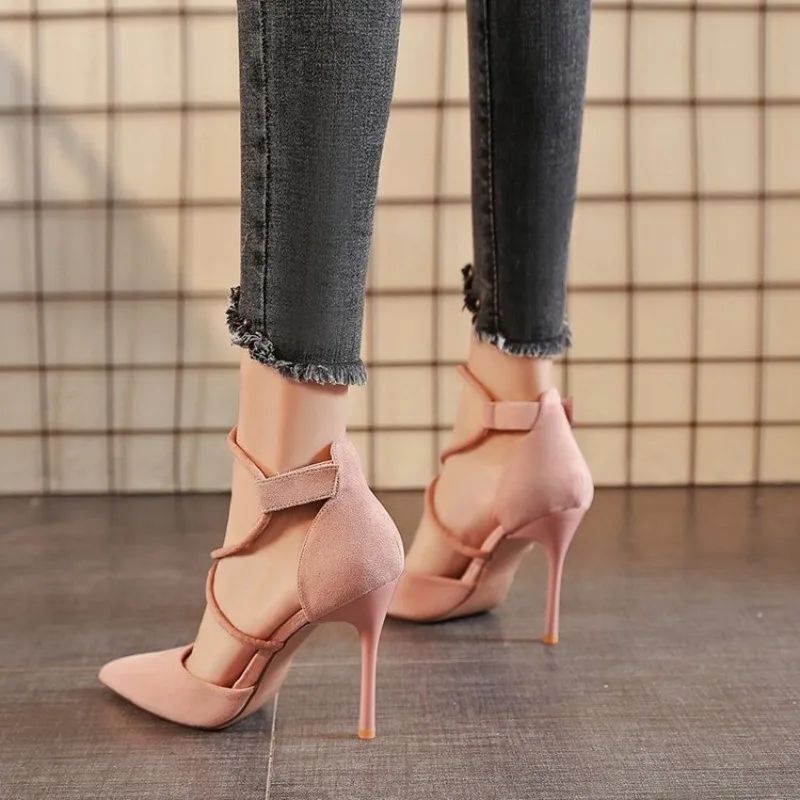 New Cross-strap Roman Sandals Suede High Heels Women's Shoes One-line Buckle Fine Heel Pointed Sandals Zaptos Mujer