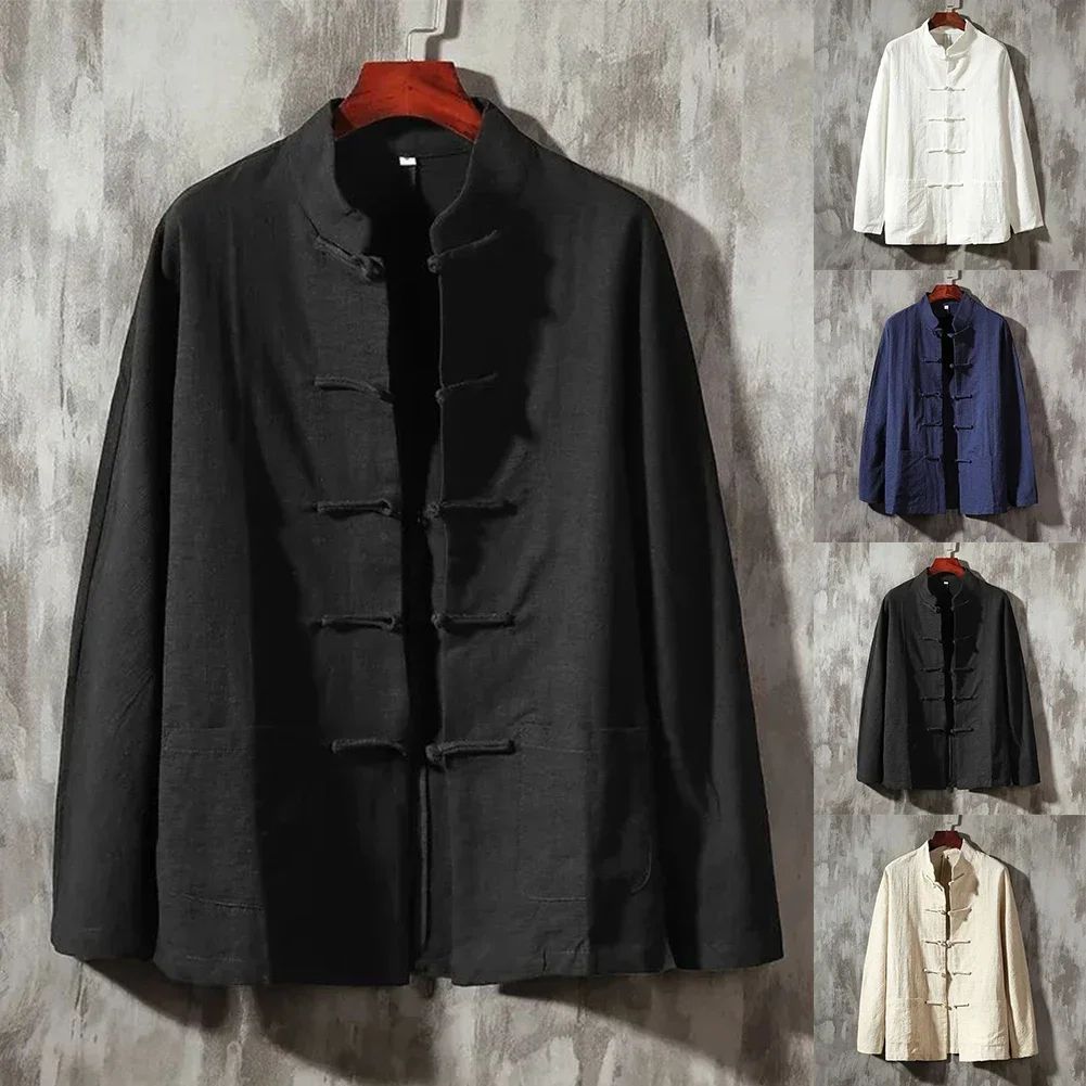 Casual Men's Chinese Style Linen Shirts Stand Collar Traditional Kung Fu Tai Chi Shirt Coat Tang Suit Uniform Jacket Men Clothes