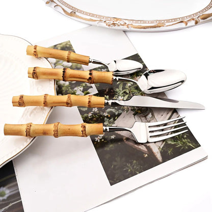 1Pç Conjunto de Talheres de Bambu Natural com Cabo de Aço Inoxidável Utensílios de Mesa Garfos de Jantar Colher Faca Talheres de Cozinha