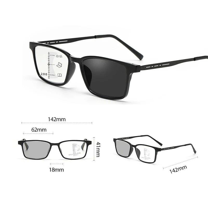 Óculos Multifocal Fotocromático para Presbiopia Armação Quadrada Óculos de Leitura para Negócios Luz Azul Lentes Acabadas para Vista Longa