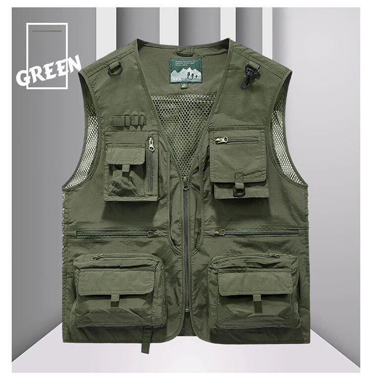 Colete Masculino de Malha com Vários Bolsos Secagem Rápida Sem Mangas Jaqueta Repórter Solto Casual Fino para Pesca Colete Masculino