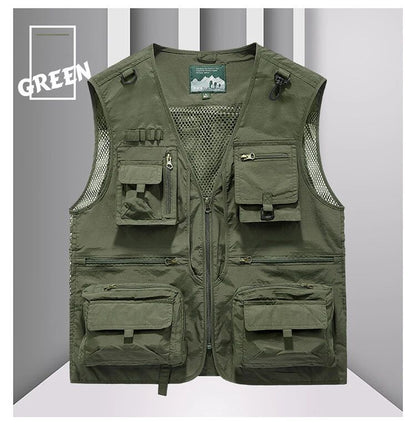 Colete Masculino de Malha com Vários Bolsos Secagem Rápida Sem Mangas Jaqueta Repórter Solto Casual Fino para Pesca Colete Masculino