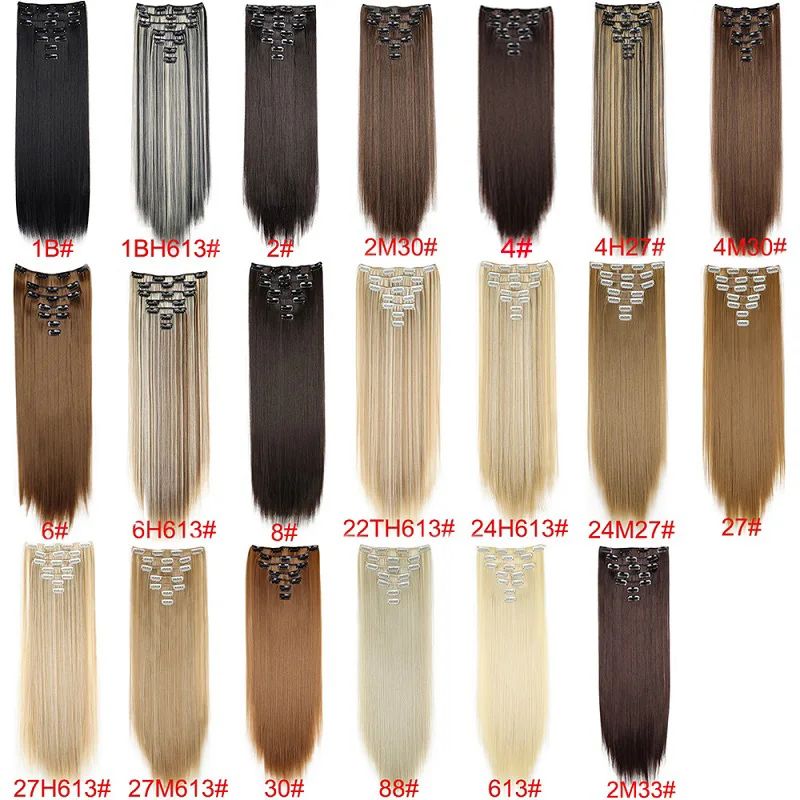 Extensão de cabelo liso longo sintético de 24 polegadas 7pçs/conjunto 16 clipes Penteado Preto Loiro Peruca para mulheres 2026