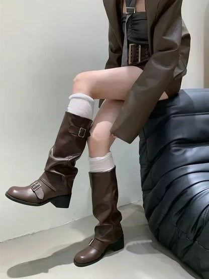 Woman Boots Knee High Platform Chunky Heels Trend Punk Gothic New Rock Leather Fashion Women's Shoes Motorcycle Footwear