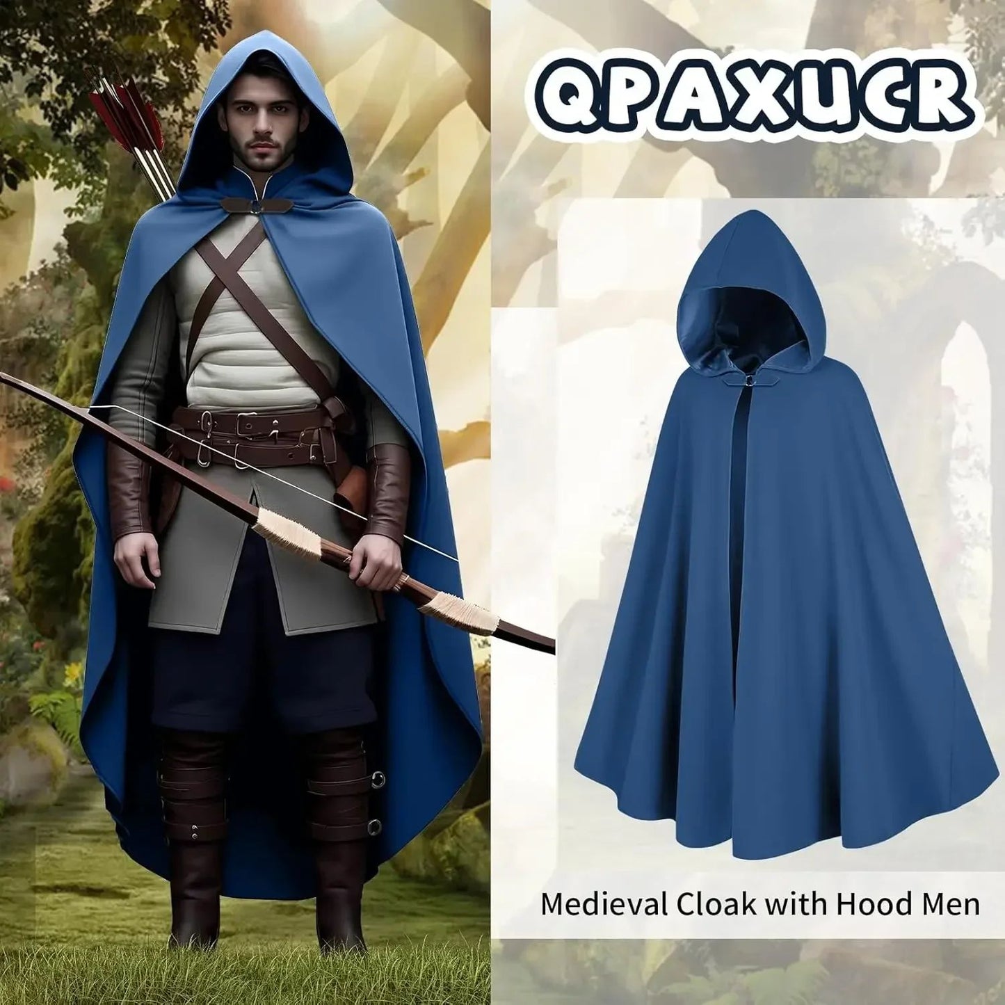 Cloak with Hood Men?Medieval Costume Men Round Metal Buckle Cloak with Green Leaf Brooch Necklace for Halloween