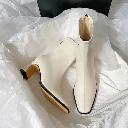 Autumn and Winter New Brown Short Boots with Velvet Coarse Heel French Ankle Boots and Back Zipper Square Head Boots