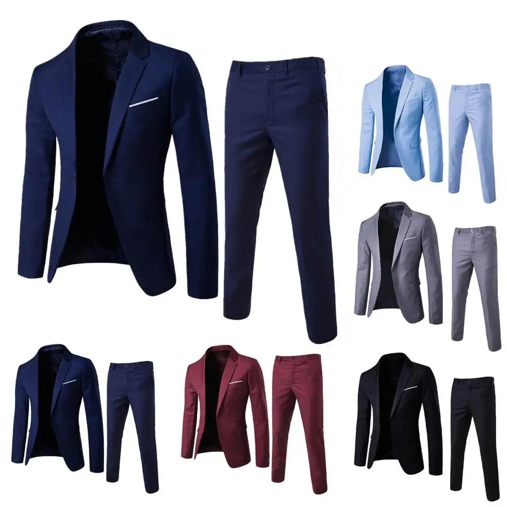 1 Set Trendy Men Suit Anti Deformation Formal Suit Turndown Collar Pure Color One Button Suit Set  Daily Wear