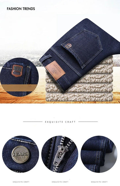 Calça Jeans Masculina de Inverno Forrada de Lã Grossa Sherpa Casual de Negócios Veludo Reta Masculina de Lã Pelúcia Clássica Elástica