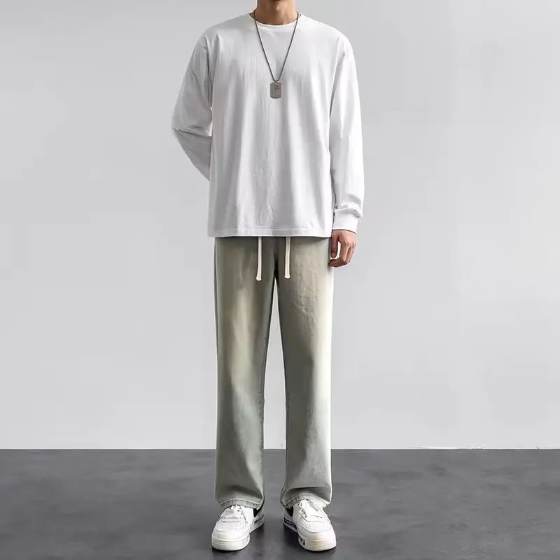 2025 Calça Jeans Masculina Larga Estilo Coreano Streetwear Solta Reta Perna Larga Moda Masculina Roupa de Marca Preta Azul Clara
