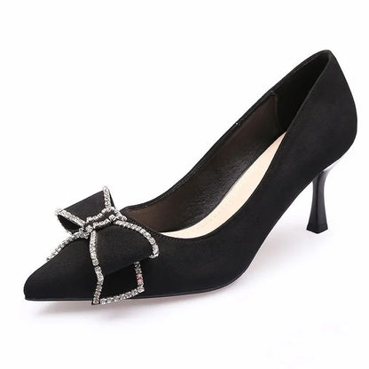 Versatile New Single Shoes Autumn and Winter  Sexy Pointy Rhinestone Black Mature Women's Thin Heels High-heel Zapatos Mujer