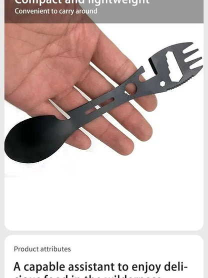 Outdoor Multi-functional 5-in-1 EDC Camping Survival Tool Stainless Steel Fork Knife Spoon Can Opener Bottle Opener Wrench