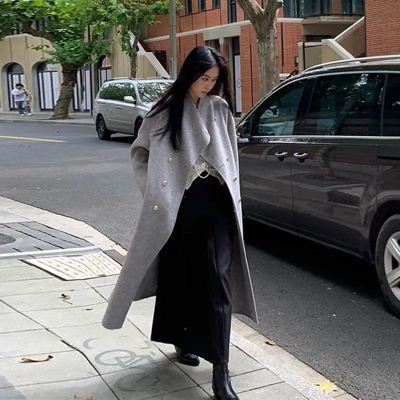 Light Grey Woolen Coat Women's Long Loose Korean Style Fashionable Autumn Winter New Arrival Polyester Fiber Full Sleeve