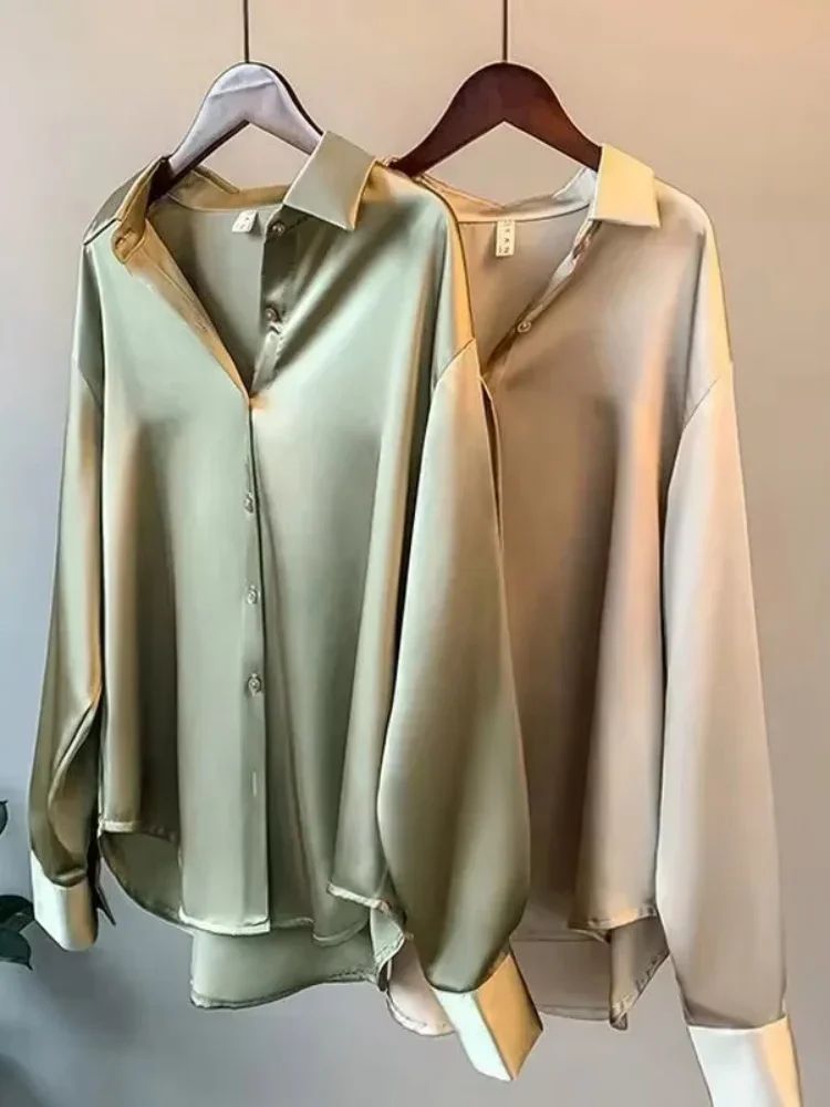 Fall Turn-down Collar Elegant Satin Loose Women Shirt 2025 Plus Size Blouse Autumn Vintage Casual Button Silk Tops