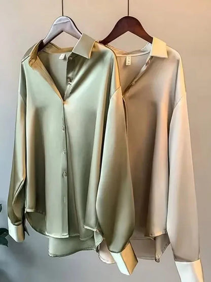 Fall Turn-down Collar Elegant Satin Loose Women Shirt 2025 Plus Size Blouse Autumn Vintage Casual Button Silk Tops