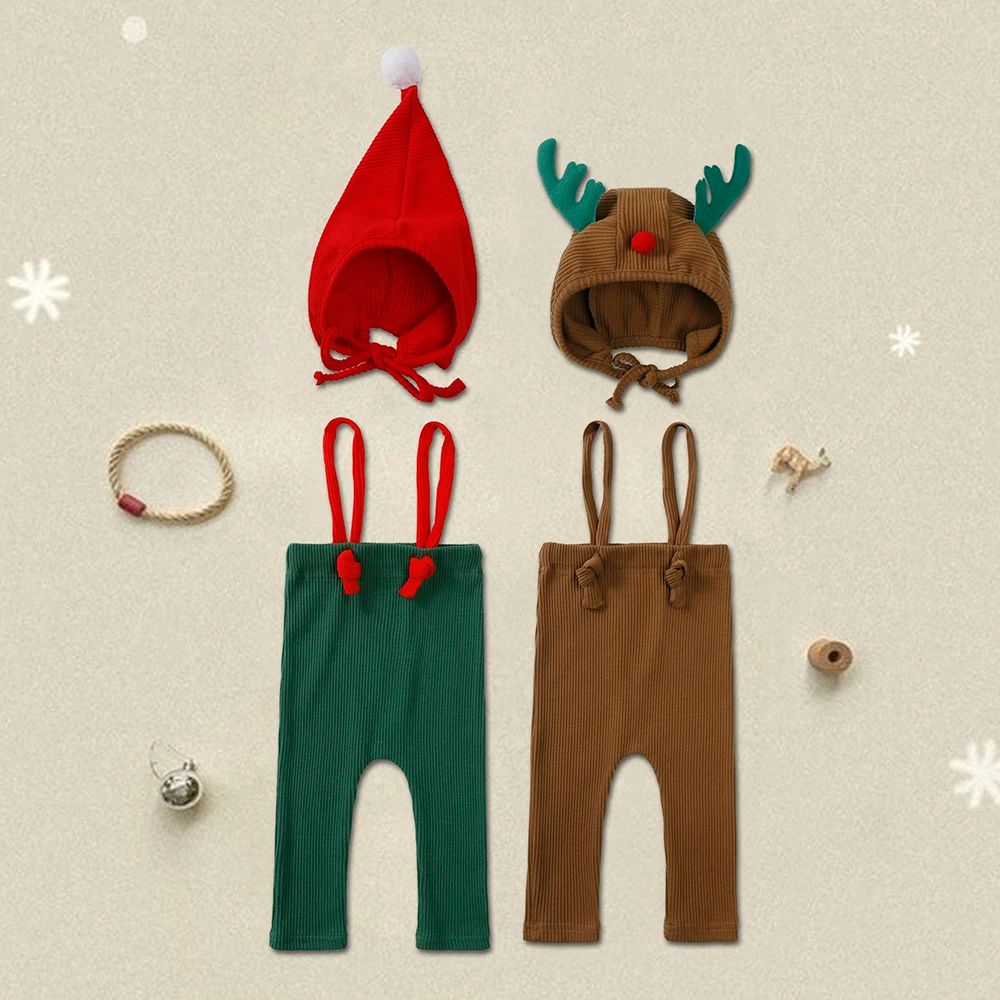 2025 Christmas Baby Suspender Pants with Hat Infant Knit Trousers Outfits Cute Toddler Newborn Casual Leggings Costumes