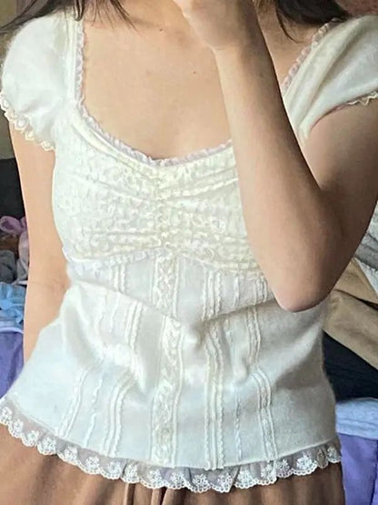 2025 New Retro Lace Tops Women y2k Gothic Sweety Shirts Short Sleeve Lace Square Neck Crop Tops and Blouses Summer Tshirt